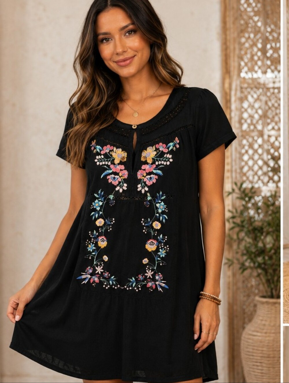 Umgee Womens Embroidered Floral Short Sleeve Dress Medium Black Cotton/Polyester